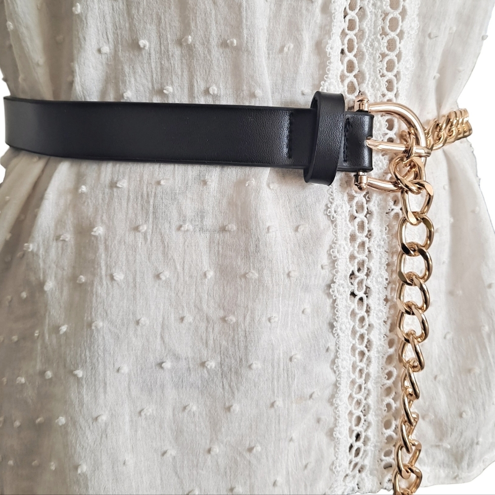 Womens edgy black Faux leather Y2K metal gold chain waist punk rock dress belt - Picture 12 of 17